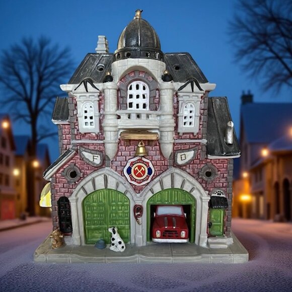 Lemax 2019 Ceramic Caddington Fire Brigade (95520) Lighted Firehouse - 9' Tall - Picture 1 of 14